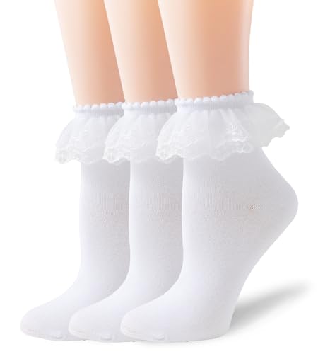 Image of Women Double Layer Ruffle Socks with Lace Trim - Princess Dress Socks, 3 Pairs