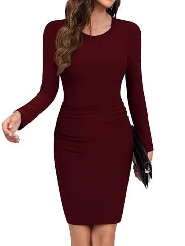 Image of Missufe Women's Crew Neck Long Sleeve Ruched Knee Length Bodycon Casual Dress Sheath Sundress