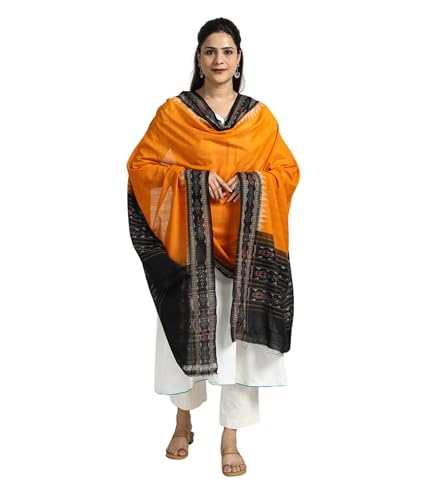 Image of Cotton Dupatta with weaving and Ikat woven border from the Weavers Stole for Girls & Women