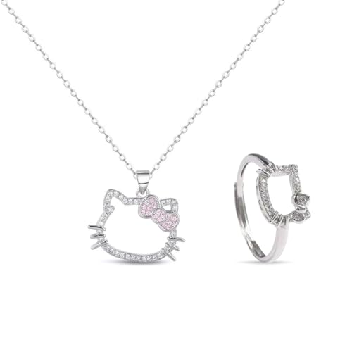 BCHKO 2 Piezas Conjunto de Joyas, Anillo y Collar, Collar de Gato con Diamante, Colgante de Gatito Kawaii con Lazo, Joyería, Regalos para Niñas BCHKO 2 Piezas Conjunto de Joyas, Anillo y Collar, Collar de Gato con Diamante, Colgante de Gatito Kawaii con Lazo, Joyería, Regalos para Niñas