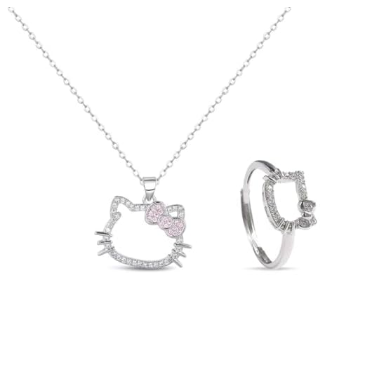 BCHKO 2 Piezas Conjunto de Joyas, Anillo y Collar, Collar de Gato con Diamante, Colgante de Gatito Kawaii con Lazo, Joyería, Regalos para Niñas