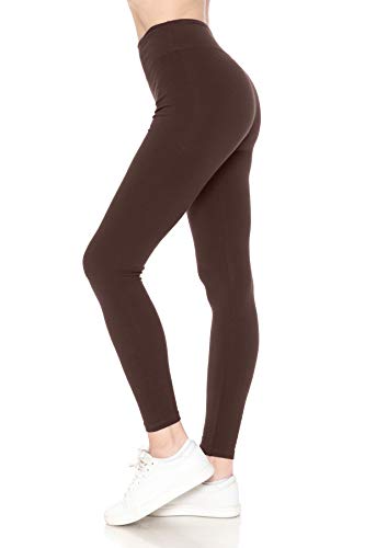 Leggings Depot Women's High Waisted Cotton Leggings - 28" Yoga Full Length - Soft Breathable 3" Wide Waistband Pants, Yoga Brown, Large