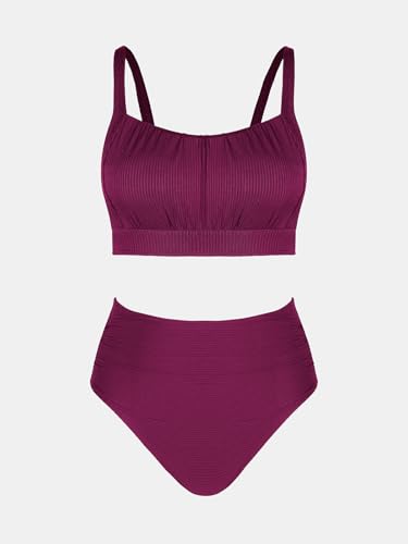 Image of CUPSHE Women's Tummy Control High Waisted Bikini Set Textured Bathing Suit | Removable Soft Cups, Ruched, Adjustable Wide Straps, Ribbed Texture, Twist Back Detail, Full Coverage, Sporty, Beach Vacation