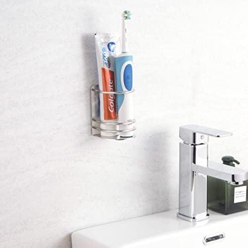 Amazon Brand - Umi Wall Mounted Toothbrush Holder, Bathroom Storage Stand for Razor, Toothpaste - Self Adhesive, Stainless Steel