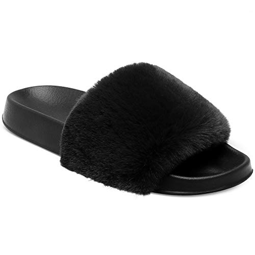 Spesoul Womens Fuzzy Slides Open Toe Furry Slide Slippers Indoor Outdoor Slides Sandals Casual Flat Fluffy House Slippers2