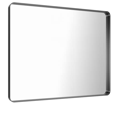 Image of LOAAO 48x36 Inch Black Bathroom Mirror Metal Framed | Matte Black, Rounded Rectangle, Anti-Rust, Tempered Glass, Hangs Horizontally or Vertically
