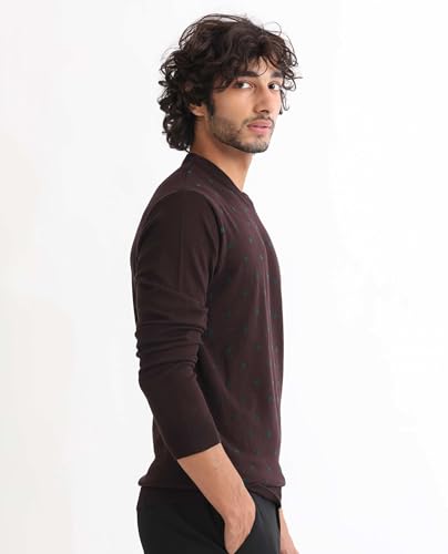 Image of Rare Rabbit Men's Flock Maroon Viscose Polka Print Relaxed Fit Full Sleeve Crew Neck Sweater