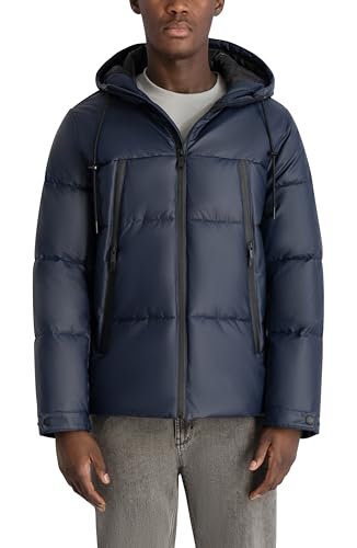 KARL LAGERFELD Paris Men's Hooded Puffer Jacket with Zip Pockets, Navy, X-Large