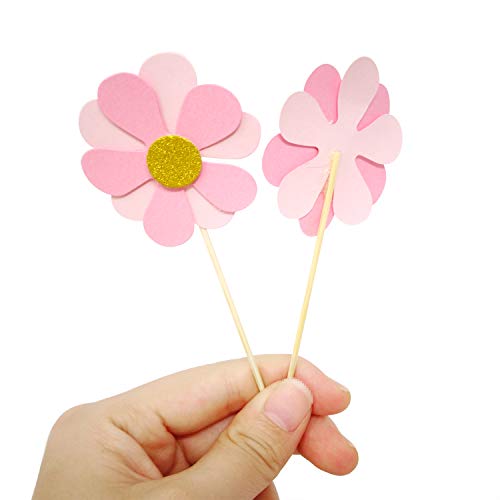 Honbay 24Pcs Pink Flower Cake Cupcake Toppers #TOP6