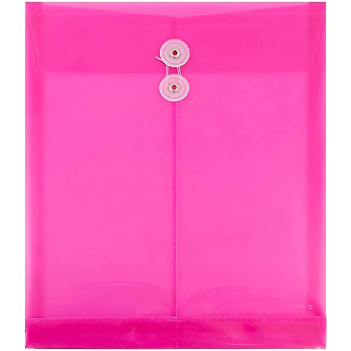 JAM PAPER Plastic Envelopes with Button & String Tie Closure - Letter Open End - 9 3/4 x 11 3/4 - Bright Hot Pink - 12/Pack