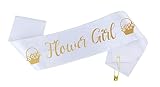 Flower Girl Sash - Cute White & Gold Girls sash for Wedding | Fits ages 1 to 10 years old | Bridal Shower Party Proposal Bridesmaids Set Decorations Supplies Favors Gifts Accessories Gift Favor Decor