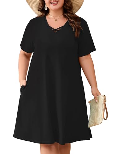 Image of AusLook Plus Size Midi Dress for Women Short Sleeve V Neck Criss Cross A Line Summer Casual Vacation Sundresses with Pockets