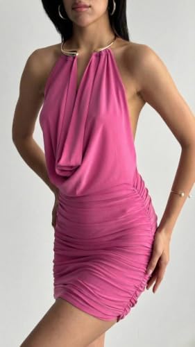 Black Halter Neck Mini Dress with Gold Metal Detail
