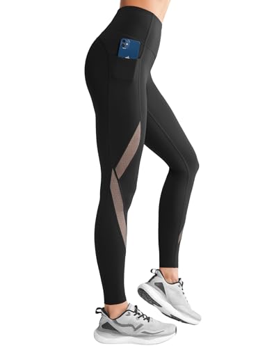 Yvette Mesh Leggings Sport Damen mit Tasche Blickdicht Gym Fitness Sporthose,Schwarz, M