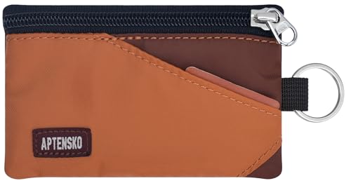 RFID Travel Wallet with Adjustable Lanyard-Zipper Small Wallet with ID Card Holder, Keychain for women&men-Minimalist Slim Waterproof Nylon case for ID, Cash, Key (Rust+Coffee)