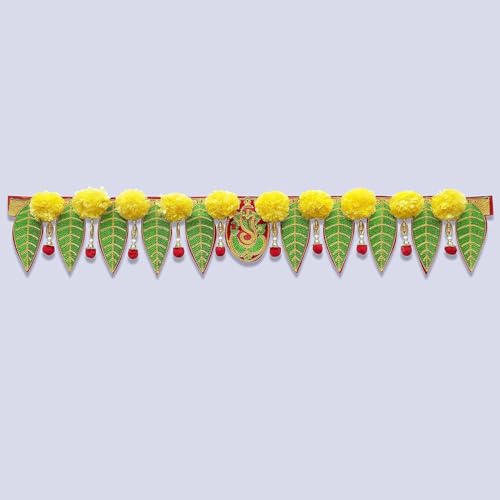 Image of Saugat Traders Flower Toran for Home /Mandir Entrance Door - Ganesh Pan Marigold Hanging - Fabric Toran for Main Door /Wall Hanging - Bhandwar Door Toran - Pooja Room - 90 cm