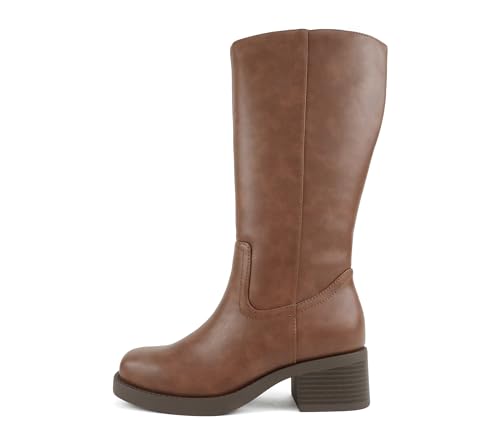 Soda Belvin - Women Square Toe Platform Mid-Calf Boot (Cognac Pu, 6.5)