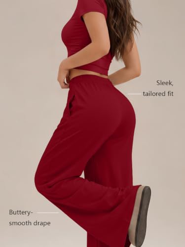 Image of Trendy Queen 2 Piece Matching Summer Lounge Set Womens Side Ruching Top Wide Leg Pants Sets with Pockets