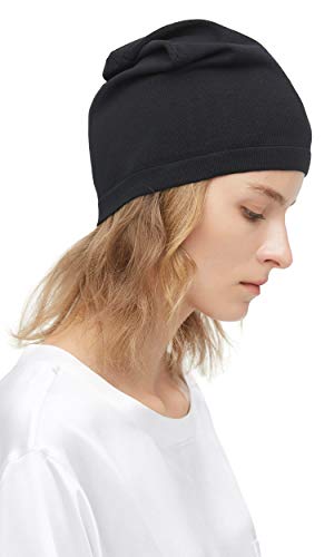 LilySilk 100% Silk Knitted Slouchy Beanie Breathable Thin Women Men Stretch Skull Cap Soft Comfortable (Black, Normal Men Size)