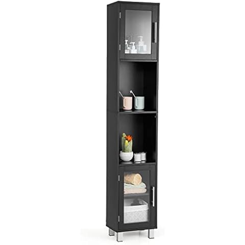 RELAX4LIFE Bathroom Tall Cabinet, 5-Tier Slim Storage Cupboard with 2 Tempered Glass Door & Adjsutable Shelf, Freestanding Tallboy Unit Storage Organizer for Bathoom Living Room Kitchen (Black) Cover