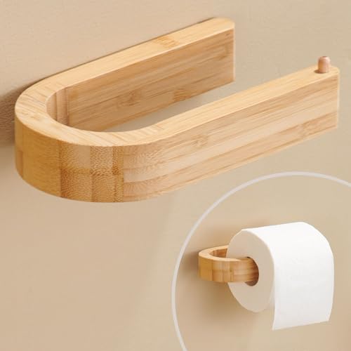 DEKAZIA® Porte-Papier Toilette Bambou Bois | Dérouleur Papier Toilette sans Perçage | Porte-Rouleau Papier Toilette Mural Adhésif | Distributeur Papier WC...