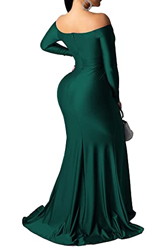 Vakkest Women's Sexy V Neck Dresses Off The Shoulder Long Sleeve High Split Evening Gown Fishtail Maxi Dress Green #TOP1