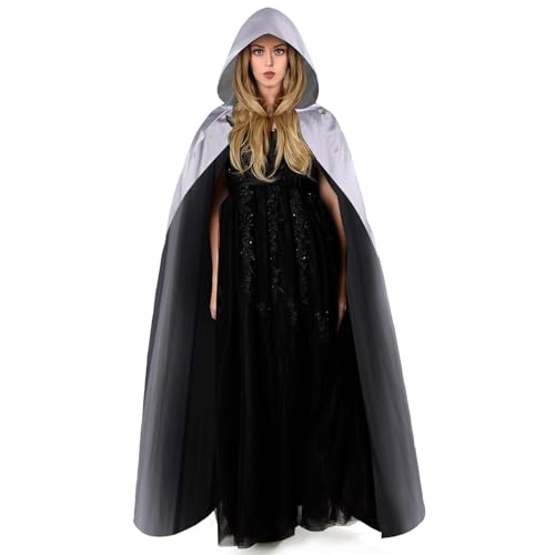 Aomig Schwarzer Umhang Vampir Umhang Jedi Mantel Mittelalter Umhang mit Kapuze für Erwachsene Unisex Scream Kinder Cape Kostüm Halloween Costume Maskerade Familienfeier Karneval Cosplay (Silber-150cm)
