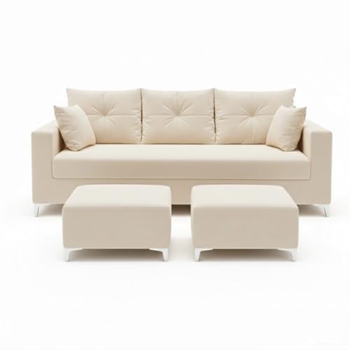 Image of Zora 5 Seater L Shape Sofa Set with 1 Movable Ottomans | Flexible Layout | Rich Velvet Suede Fabric | Silver Legs | Spacious Seating | Modern Sofa for Living Room (Cream)