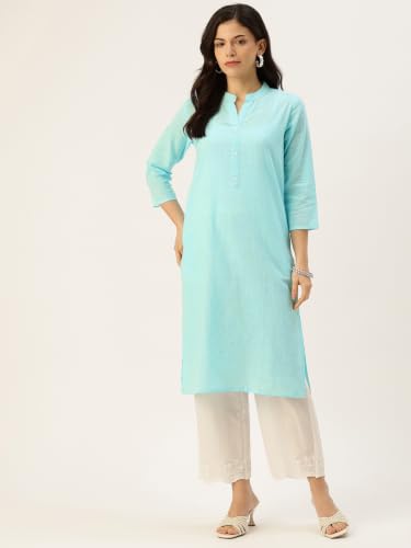 Image of feranoid Women's Plain Cotton Kurta with Mandarin Collar, 3 /4 Sleeves & Pocket