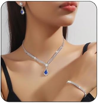 Prom Earrings Necklace Bracelet Set for Women Bridal Wedding Prom Jewelry Set Sparkling Cubic Zirconia Teardrop Pendant Necklace Earrings Elegant Bridal Accessories for Weddings Prom Parties