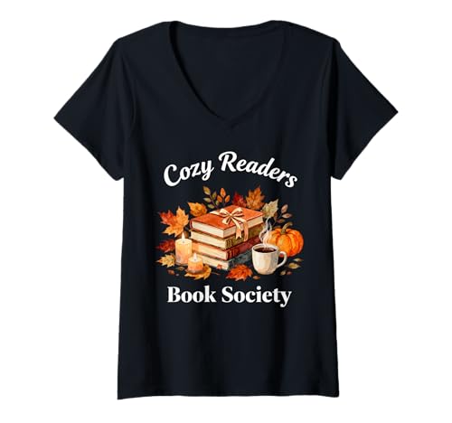 Femme Cozy Readers Book Society Automne Automne Floral Pumpkin Season T-Shirt avec Col en V