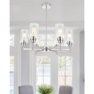 Farmhouse Chandeliers for Dining Room Brushed Nickel Chandelier Fixture with Clear Glass Shades 6 Light Dining Room Light Fixtures Pendant Lights for Kitchen Island Living Room Staircase