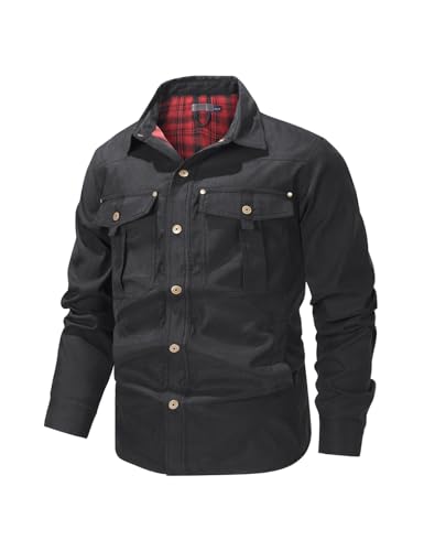 Image of Haellun Men's Flannel Lined Shacket Long Sleeve Plaid Western Cowboy Snap Button Down Shirts Jackets with Pockets