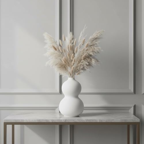 Image of PUREZENTO 'Orio' White Ceramic Vase 12 Inches - Pack of 1 | Decorative Vase for Dried Flowers & Pampas Grass | Vases for Modern Home Decor, Living Room, Office Decor Ideas