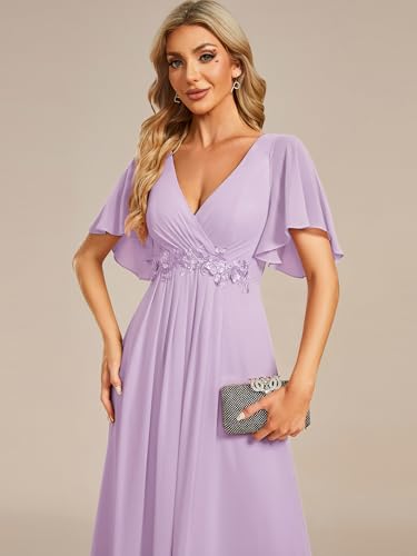 Image of Ever-Pretty Womens V Neck Applique Mother of the Bride Dresses Formal Dress | Chiffon, Short Sleeves, Ruched, A-Line, Bridesmaid Dresses, Formal Gown, Black Tie Dress