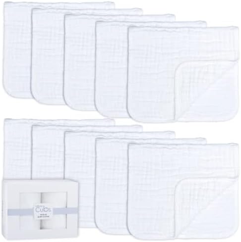 Comfy Cubs Muslin Cloths for Baby, Baby Essentials, Burp Cloths, Muslin Squares, 100% Cotton, Hand Washcloths 6 Layers Extra Absorbent and Soft (White, Pack of 6)