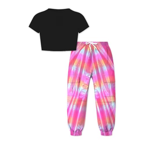 Image of Crop Tops for Girls, Black T Shirt and Rose Red Cargo Pants Outfits Multi-Pocket Elastic Waist Pull on Cargo Pants, 6-7 Years = Tag 130