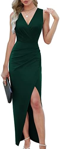 Sarin Mathews Womens V Neck Long Formal Dresses Sexy Summer Sleeveless Bodycon Ruched Wrap Split Wedding Cocktail Dress DarkGreen L