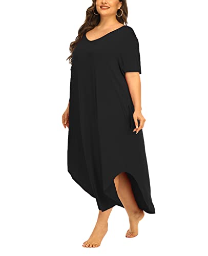 Womens Plus Size Nightgowns Sleepwear Short Sleeve Sleep Dress Maxi Night Gowns with Pockets4