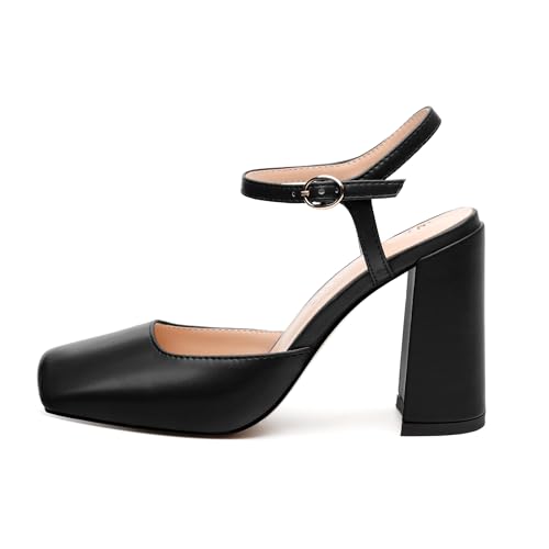 WAYDERNS Slingback Heels for Women Block Chunky Heel Closed Square Toe 3.7 Inch Pumps with Ankle Strap Stylish Casual Office Prom Dress Shoes2