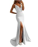 Mermaid Satin Prom Dress Spaghetti Straps for Women, V Neck Long Evening Dress Sleeveless Formal Dress High Slit Silver