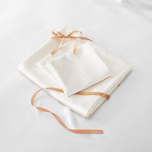 BEDELITE Satin Fitted Sheet and Pillowcase Set, Luxury Soft Similar to Silk Bottom Bed Sheet with Elastic Corner Straps, Deep Pocket up to 15 Inch, 1 Fitted Sheet and 1 Pillowcase(Twin XL,Ivory White)