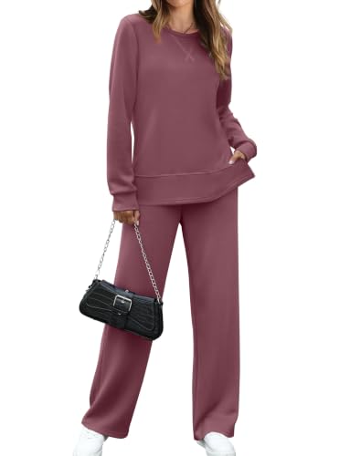 Image of OFEEFAN Women's 2 Piece Lounge Set Travel Airport Outfits Side Slit Tracksuit Wide Leg Loungewear Baggy Comfy Sweatsuit S-3XL