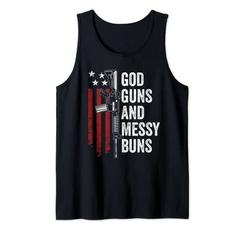 GOD GUNS & MESSY BUNS - Christian Pro Gun Bandera Americana Camiseta sin Mangas