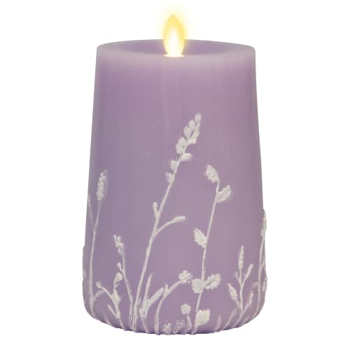 Luminara Flameless Moving Flame Candle Goblet Led Pillar 4" X 6.5" Embossed Floral Printed Unscented Real Wax, Recessed Edge Timer And Remote Ready (Lavender) #TOP29