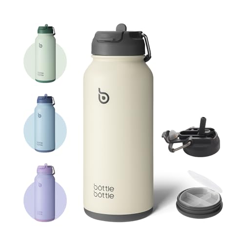 Bottle Bottle Insulated Water Bottle 950ml(32oz) Stainless Steel Sports Water Bottles with Straw Dual-use Lid Drink Flask Design for Gym with Pill Box (Gray)