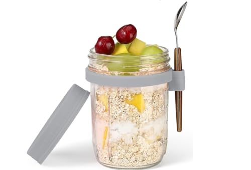 Image of PATZY 350 ml Oats Container With Lids And Spoon set of pc Glass Mason Jars For Overnight Oats Leak Proof Container with Measurment For Cereal Fruit Vegetable Milk Salad Yogurt (Multicolor) (2)