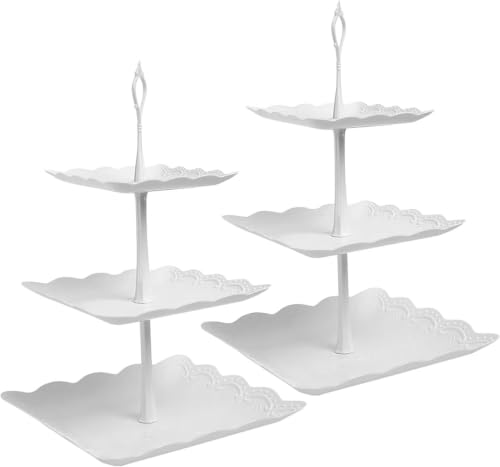 Oleegil 3 Tiers Cake Stand - 2 Pack White Afternoon Tea Stands Cup Cake Fruit Dessert Party Stands for Weddings Birthdays & Party