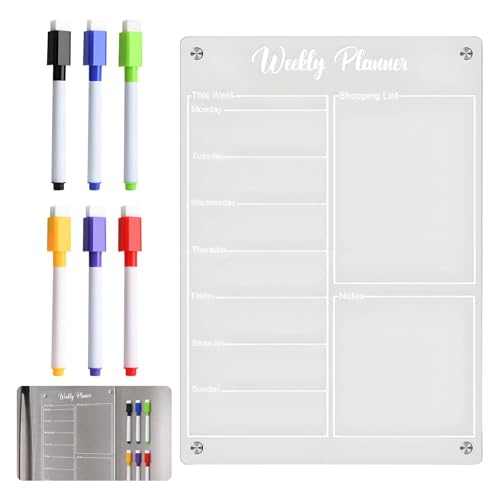 Clear Acrylic Magnetic Weekly Planner Fridge Meal Planner Board with 6 Markers & Eraser 8 × 12 Fridge Planners Magnetic for Menu Shopping List and Family Organization