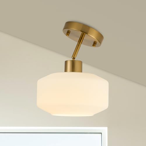 Upgraded Modern Brass Semi Flush Mount Ceiling Light Fixture, Adjustable Hanging Gold Farmhouse Ceiling Light, 8.66' Milk White Glass Shade, Sloped Ceiling Adaptable, for Hallway, Entryway, Kitchen